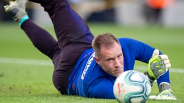 BARCELONA, SPAIN - December 21: Goalkeeper Marc-Andre ter Stegen #1 of Barcelona during team warm up before the Barcelona V Alaves, La Liga regular season match at Estadio Camp Nou on December 21st 2019 in Barcelona, Spain. (Photo by Tim Clayton/Corbis via Getty Images)