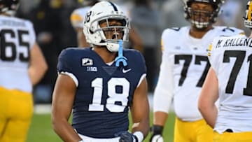 Nov 21, 2020; University Park, Pennsylvania, USA; Penn State Nittany Lions defensive end Shaka Toney (18) reacts to a defensive play against the Iowa Hawkeyes during the second quarter at Beaver Stadium. Mandatory Credit: Rich Barnes-USA TODAY Sports