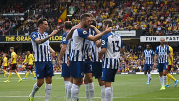 WATFORD, ENGLAND - AUGUST 10: Brighton and Hove Albion players celebrate after Abdoulaye Doucoure of Watford scores an own goal, Brighton and Hove Albion's first goal during the Premier League match between Watford FC and Brighton & Hove Albion at Vicarage Road on August 10, 2019 in Watford, United Kingdom. (Photo by Warren Little/Getty Images)