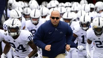 PISCATAWAY, NJ - NOVEMBER 17: Head coach James Franklin of the Penn State Nittany Lions runs onto the field with his team before taking on the Rutgers Scarlet Knights at HighPoint.com Stadium on November 17, 2018 in Piscataway, New Jersey. (Photo by Corey Perrine/Getty Images)