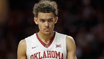 NORMAN, OK - FEBRUARY 17: Trae Young #11 of the Oklahoma Sooners looks on during the game against the Texas Longhorns at Lloyd Noble Center on February 24, 2018 in Norman, Oklahoma. The Longhorns defeated the Sooners 77-66. (Photo by Brett Deering/Getty Images)