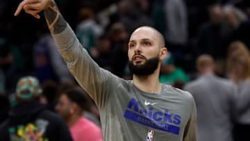 Mar 5, 2023; Boston, Massachusetts, USA; New York Knicks guard Evan Fournier (13) follows through on a shot before their game against the Boston Celtics at TD Garden. Mandatory Credit: Winslow Townson-USA TODAY Sports