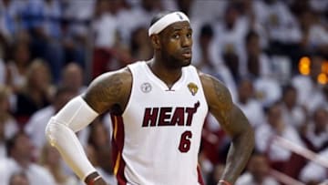 Jun 18, 2013; Miami, FL, USA; Miami Heat small forward LeBron James (6) reacts during the fourth quarter of game six in the 2013 NBA Finals against the San Antonio Spurs at American Airlines Arena. Mandatory Credit: Derick E. Hingle-USA TODAY Sports