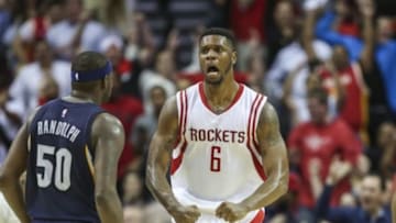 Mar 4, 2015; Houston, TX, USA; Houston Rockets forward Terrence Jones (6) reacts after scoring during the fourth quarter against the Memphis Grizzlies at Toyota Center. The Grizzlies defeated the Rockets 102-100. Mandatory Credit: Troy Taormina-USA TODAY Sports