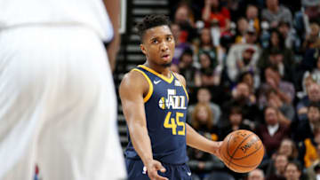 SALT LAKE CITY, UT - MARCH 5: Donovan Mitchell #45 of the Utah Jazz handles the ball during the game against the Orlando Magic on March 5, 2018 at vivint.SmartHome Arena in Salt Lake City, Utah. Copyright 2018 NBAE (Photo by Melissa Majchrzak/NBAE via Getty Images)