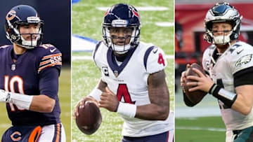 Mitchell Trubisky (from left), Deshaun Watson and Carson Wentz could end up on different teams for the 2021 season.Qbfax