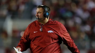TUSCALOOSA, AL - OCTOBER 14: Head coach Bret Bielema of the Arkansas Razorbacks looks on during the game against the Alabama Crimson Tide at Bryant-Denny Stadium on October 14, 2017 in Tuscaloosa, Alabama. (Photo by Kevin C. Cox/Getty Images)
