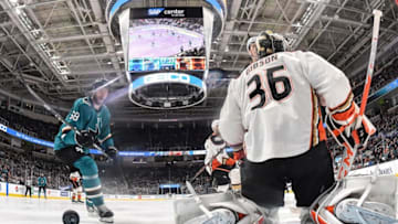 SAN JOSE, CA - JANUARY 27: Melker Karlsson #68 watches as Stefan Noesen #11 of the San Jose Sharks scores a goal against John Gibson #36 of the Anaheim Ducks at SAP Center on January 27, 2020 in San Jose, California. (Photo by Brandon Magnus/NHLI via Getty Images)