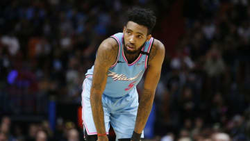 Derrick Jones Jr. #5 of the Miami Heat looks on against the Dallas Mavericks. (Photo by Michael Reaves/Getty Images)