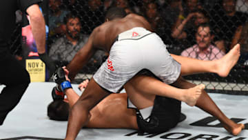 SAO PAULO, BRAZIL - OCTOBER 28: (R-L) Derek Brunson punches Lyoto Machida of Brazil in their middleweight bout during the UFC Fight Night event inside the Ibirapuera Gymnasium on October 28, 2017 in Sao Paulo, Brazil. (Photo by Josh Hedges/Zuffa LLC/Zuffa LLC via Getty Images)
