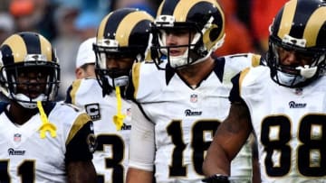 Nov 20, 2016; Los Angeles, CA, USA; Los Angeles Rams wide receiver Tavon Austin (11), running back Todd Gurley (30), quarterback Jared Goff (16) and Los Angeles Rams tight end Lance Kendricks (88) during the second half against the Miami Dolphins at Los Angeles Memorial Coliseum. Mandatory Credit: Robert Hanashiro-USA TODAY Sports