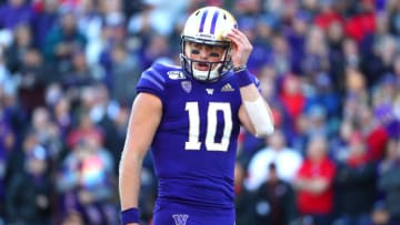 SEATTLE, WASHINGTON - NOVEMBER 02: Jacob Eason #10 of the Washington Huskies reacts against the Utah Utes in the first quarter during their game at Husky Stadium on November 02, 2019 in Seattle, Washington. (Photo by Abbie Parr/Getty Images)