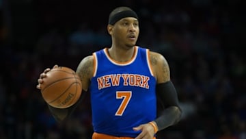 Apr 8, 2016; Philadelphia, PA, USA; New York Knicks forward Carmelo Anthony (7) against the Philadelphia 76ers at Wells Fargo Center. The New York Knicks won 109-102. Mandatory Credit: Bill Streicher-USA TODAY Sports