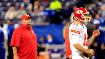 INDIANAPOLIS, IN - JANUARY 04: Head coach Andy Reid of the Kansas City Chiefs looks on during warmups before a Wild Card Playoff game against the Indianapolis Colts at Lucas Oil Stadium on January 4, 2014 in Indianapolis, Indiana. (Photo by Rob Carr/Getty Images)
