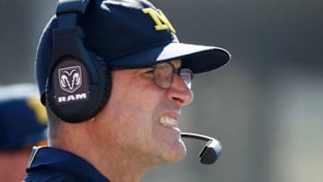 BLOOMINGTON, IN - OCTOBER 14: Jim Harbaugh the head coach of the Michigan Wolverines watches the action during the game against the Indiana Hoosiers at Memorial Stadium on October 14, 2017 in Bloomington, Indiana. (Photo by Andy Lyons/Getty Images)