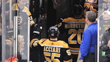 BOSTON, MA - MAY 29: Boston Bruins center Noel Acciari (55) gives a fan a fist bump on the way back to the locker room. During Game 2 of the Stanley Cup Finals featuring the Boston Bruins against the St. Louis Blues on May 29, 2019 at TD Garden in Boston, MA. (Photo by Michael Tureski/Icon Sportswire via Getty Images)