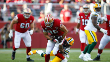 SANTA CLARA, CA - SEPTEMBER 26: George Kittle #85 of the San Francisco 49ers runs after making a catch during the game against the Green Bay Packers at Levi's Stadium on September 26, 2021 in Santa Clara, California. The Packers defeated the 49ers 30-28. (Photo by Michael Zagaris/San Francisco 49ers/Getty Images)
