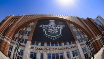 May 1, 2016; Dallas, TX, USA; A view of the arena and Stanley Cup playoffs banner before the game between the Dallas Stars and the St. Louis Blues in game two of the first round of the 2016 Stanley Cup Playoffs at the American Airlines Center. Mandatory Credit: Jerome Miron-USA TODAY Sports