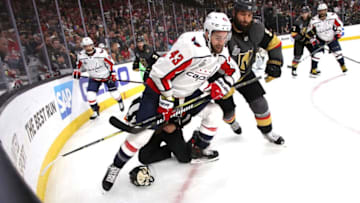 LAS VEGAS, NV - JUNE 07: Tom Wilson #43 of the Washington Capitals and Deryk Engelland #5 of the Vegas Golden Knights battle for the puck during the third period in Game Five of the 2018 NHL Stanley Cup Final at T-Mobile Arena on June 7, 2018 in Las Vegas, Nevada. (Photo by Bruce Bennett/Getty Images)