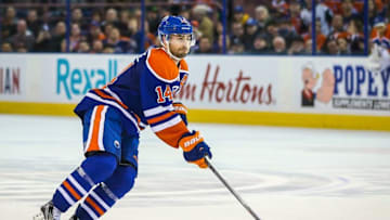 Jan 2, 2016; Edmonton, Alberta, CAN; Edmonton Oilers right wing Jordan Eberle (14) skates with the puck against the Arizona Coyotes during the shoot out period at Rexall Place. Edmonton Oilers won 4-3. Mandatory Credit: Sergei Belski-USA TODAY Sports
