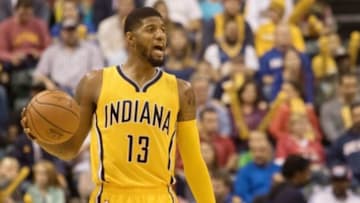 Nov 27, 2015; Indianapolis, IN, USA; Indiana Pacers forward Paul George (13) dribbles the ball in the first half against the Chicago Bulls at Bankers Life Fieldhouse. The Pacers won104-92. Mandatory Credit: Trevor Ruszkowski-USA TODAY Sports