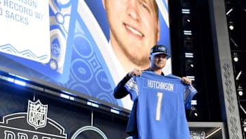 LAS VEGAS, NEVADA - APRIL 28: Aidan Hutchinson poses onstage after being selected second by the Detroit Lions during round one of the 2022 NFL Draft on April 28, 2022 in Las Vegas, Nevada. (Photo by David Becker/Getty Images)