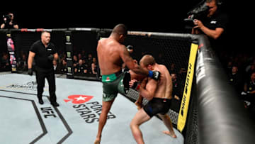COPENHAGEN, DENMARK - SEPTEMBER 28: (L-R) Gilbert Burns of Brazil knees Gunnar Nelson of Iceland in their welterweight bout during the UFC Fight Night event at Royal Arena on September 28, 2019 in Copenhagen, Denmark. (Photo by Jeff Bottari/Zuffa LLC/Zuffa LLC via Getty Images)