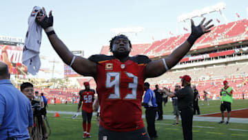 Jan 1, 2017; Tampa, FL, USA; Tampa Bay Buccaneers defensive tackle Gerald McCoy (93) reacts to the fans after they beat the Carolina Panthers at Raymond James Stadium. Tampa Bay Buccaneers defeated the Carolina Panthers 17-16. Mandatory Credit: Kim Klement-USA TODAY Sports