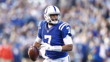 INDIANAPOLIS, IN - DECEMBER 31: Jacoby Brissett #7 of the Indianapolis Colts looks to pass against the Houston Texans during the first half at Lucas Oil Stadium on December 31, 2017 in Indianapolis, Indiana. (Photo by Andy Lyons/Getty Images)