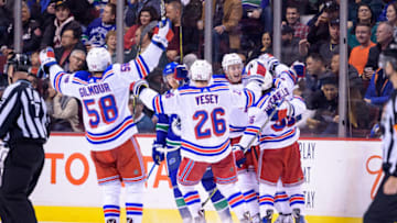 VANCOUVER, BC - FEBRUARY 28: New York Rangers Center Vladislav Namestnikov (90) is congratulated after scoring a goal during their NHL game against the Vancouver Canucks at Rogers Arena on February 28, 2018 in Vancouver, British Columbia, Canada.(Photo by Derek Cain/Icon Sportswire via Getty Images)