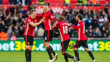 SWANSEA, WALES - NOVEMBER 06: Zlatan Ibrahimovic of Manchester United celebrates his goal during the Premier League match between Swansea City and Manchester United at The Liberty Stadium on November 06, 2016 in Swansea, Wales. (photo by Athena Pictures/Getty Images)