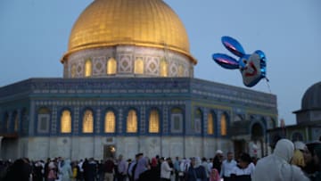 JERUSALEM - MAY 02: Palestinians gather to perform Eid al-Fitr prayer at Masjid al-Aqsa Compound in East Jerusalem on May 02, 2022. (Photo by Mostafa Alkharouf/Anadolu Agency via Getty Images)