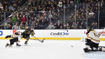 LAS VEGAS, NV - FEBRUARY 20: Paul Stastny #26 of the Vegas Golden Knights shoots the puck during the third period against the Boston Bruins at T-Mobile Arena on February 20, 2019 in Las Vegas, Nevada. (Photo by David Becker/NHLI via Getty Images)