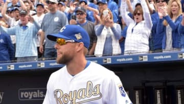 Apr 5, 2016; Kansas City, MO, USA; Kansas City Royals left fielder Alex Gordon (4) walks out of the dugout to receive his World Series ring before the game against the New York Mets at Kauffman Stadium. Mandatory Credit: Denny Medley-USA TODAY Sports