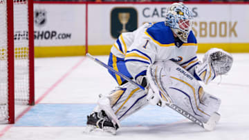 WASHINGTON, DC - MARCH 15: Ukko-Pekka Luukkonen #1 of the Buffalo Sabres tends net against the Washington Capitals during the second period of the game at Capital One Arena on March 15, 2023 in Washington, DC. (Photo by Scott Taetsch/Getty Images)