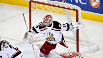 HERSHEY, PA - JANUARY 05: Grand Rapids Griffins goalie Harri Sateri (29) makes a save during the Grand Rapids Griffins vs. Hershey Bears AHL game at the Giant Center in Hershey, PA. (Photo by Randy Litzinger/Icon Sportswire via Getty Images)