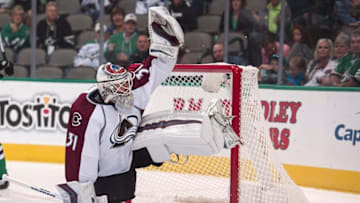 Oct 5, 2016; Dallas, TX, USA; Colorado Avalanche goalie Calvin Pickard (31) makes a save on a Dallas Stars shot during the second period at the American Airlines Center. Mandatory Credit: Jerome Miron-USA TODAY Sports