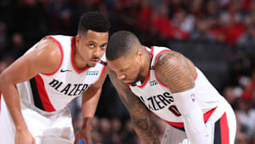 CJ McCollum, Damian Lillard of the Portland Trail Blazers during Game Two of NBA Playoffs vs. OKC Thunder (Photo by Sam Forencich/NBAE via Getty Images)
