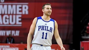 Jul 10, 2016; Las Vegas, NV, USA; Philadelphia 76ers guard Nik Stauskas (11) looks toward a teammate during an NBA Summer League game against the Chicago Bulls at Thomas & Mack Center. Mandatory Credit: Stephen R. Sylvanie-USA TODAY Sports