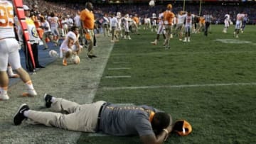 Sep 26, 2015; Gainesville, FL, USA; Tennessee Volunteers coach and players react as they lost to the Florida Gators at Ben Hill Griffin Stadium. Florida Gators defeated the Tennessee Volunteers 28-27. Mandatory Credit: Kim Klement-USA TODAY Sports