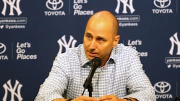 Aug 1, 2016; New York City, NY, USA; New York Yankees general manager Brian Cashman speaks to reporters after the trade deadline prior to a game against the New York Mets at Citi Field. Mandatory Credit: Brad Penner-USA TODAY Sports