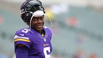 Aug 12, 2016; Cincinnati, OH, USA; Minnesota Vikings quarterback Teddy Bridgewater (5) warms up prior to the game against the Cincinnati Bengals, in a preseason NFL football game at Paul Brown Stadium. Mandatory Credit: Aaron Doster-USA TODAY Sports