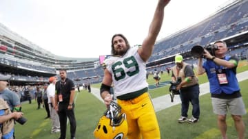 Green Bay Packers offensive tackle David Bakhtiari (69) celebrates a victory against the Chicago Bears during their football game Sunday, September 10, 2023, at Soldier Field in Chicago, Ill. Green Bay won 38-20.