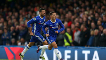 LONDON, ENGLAND - OCTOBER 23: Eden Hazard of Chelsea celebrates after he scores to make it 3-0 with Diego Costa of Chelsea during the Premier League match between Chelsea and Manchester United at Stamford Bridge on October 23, 2016 in London, England. (Photo by Catherine Ivill - AMA/Getty Images)