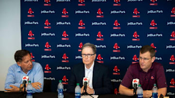 FT. MYERS, FL - FEBRUARY 17: Chairman Tom Werner, Principal Owner John Henry, and President & CEO Sam Kennedy of the Boston Red Sox speak to the media during a press conference during a team workout on February 17, 2020 at jetBlue Park at Fenway South in Fort Myers, Florida. (Photo by Billie Weiss/Boston Red Sox/Getty Images)