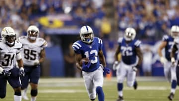 Sep 25, 2016; Indianapolis, IN, USA; Indianapolis Colts wide receiver T.Y. Hilton (13) catches a pass and scores the winning touchdown late in the 4th quarter against the San Diego Chargers at Lucas Oil Stadium. Indianapolis defeats San Diego 26-22. Mandatory Credit: Brian Spurlock-USA TODAY Sports