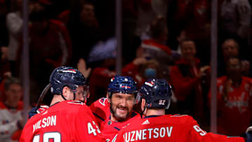 Tom Wilson, Alex Ovechkin, Evgeny Kuznetsov, Washington Capitals Mandatory Credit: Geoff Burke-USA TODAY Sports