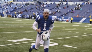 Oct 19, 2014; Indianapolis, IN, USA; Indianapolis Colts punter Pat McAfee (1) runs off the field after a game against the Cincinnati Bengals at Lucas Oil Stadium. Indianapolis defeats Cincinnati 27-0. Mandatory Credit: Brian Spurlock-USA TODAY Sports