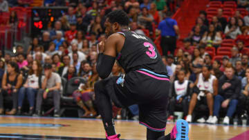 MIAMI, FL - FEBRUARY 02: Dwyane Wade #3 of the Miami Heat checks his face for injury against the Indiana Pacers during the first half at American Airlines Arena on February 2, 2019 in Miami, Florida. NOTE TO USER: User expressly acknowledges and agrees that, by downloading and or using this photograph, User is consenting to the terms and conditions of the Getty Images License Agreement. (Photo by Mark Brown/Getty Images)