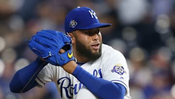 KANSAS CITY, MO - APRIL 12: Kansas City Royals relief pitcher Kelvin Herrera (40) pitches in the ninth inning of an MLB game between the Los Angeles Angels of Anaheim and Kansas City Royals on April 12, 2018 at Kauffman Stadium in Kansas City, MO. The Angels won 7-1. (Photo by Scott Winters/Icon Sportswire via Getty Images)